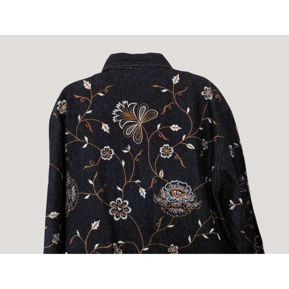 New Direction Embroidered Denim Jacket Large Black Floral Beaded Metal Buttons - Picture 8 of 11